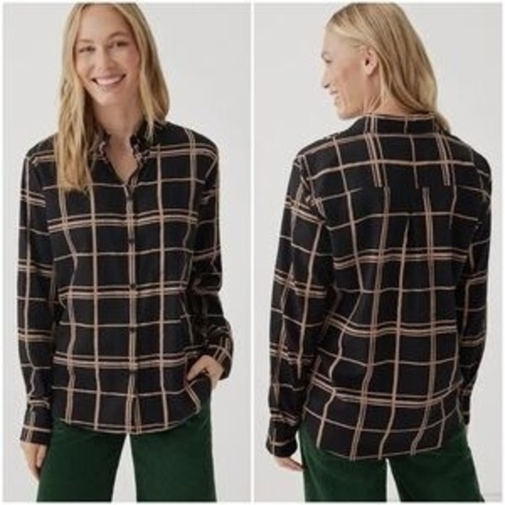Pact Organic Cotton Classic Buttin Down Shirt Black Tan Window Pane Size L